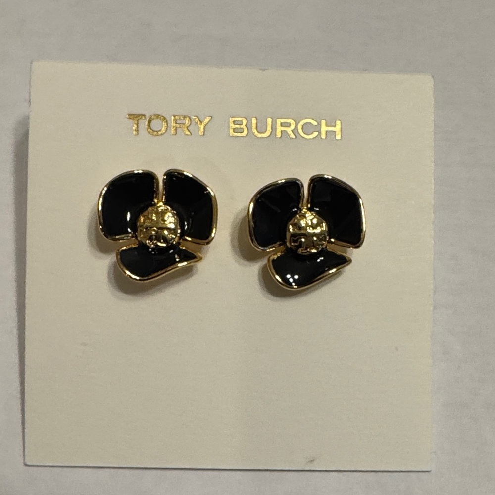 NEW- Tory Burch Black & Gold Floral Earrings